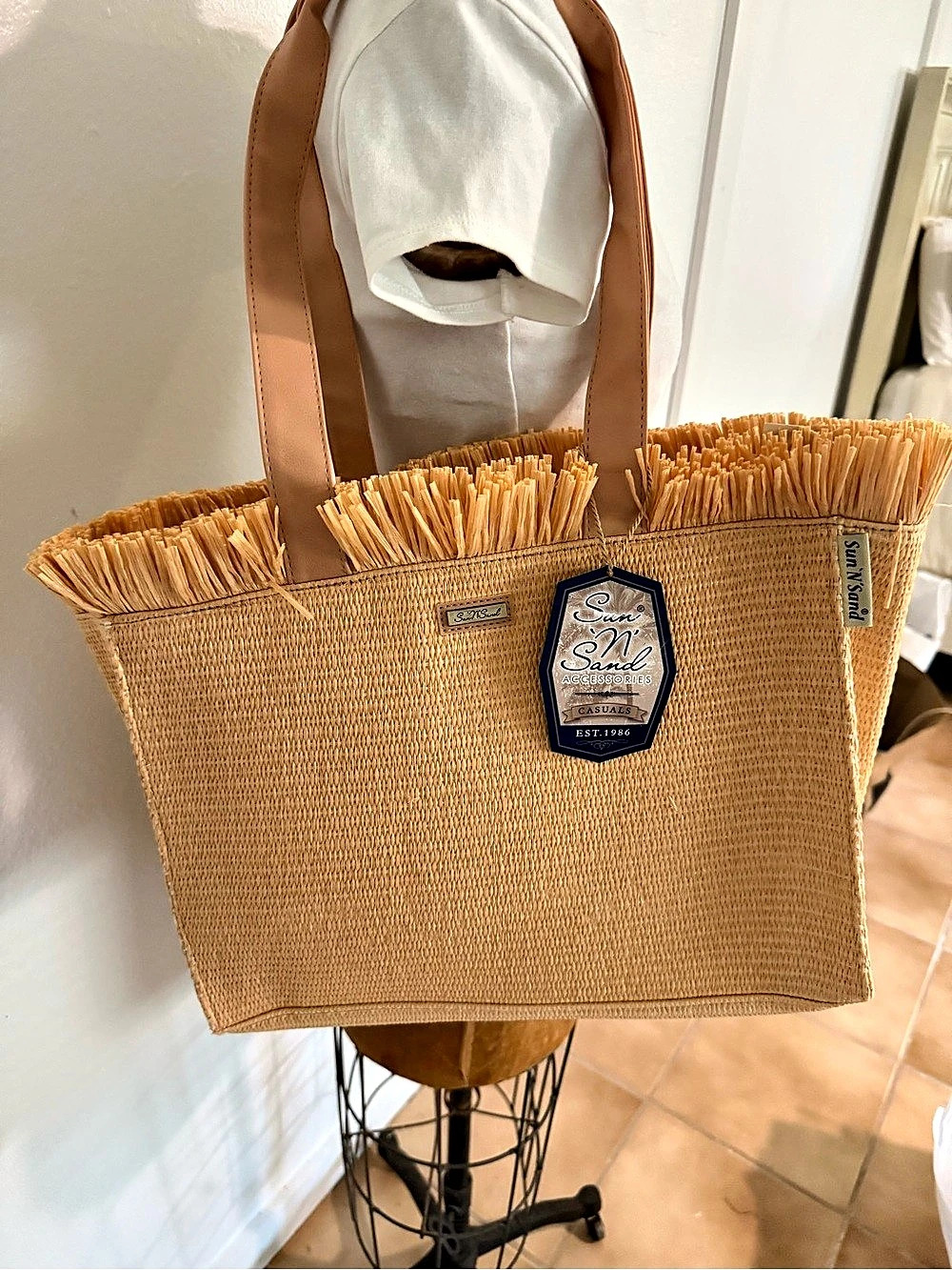 NWT Sun 'N' Sand Fringe Straw Tote Brown & Beige